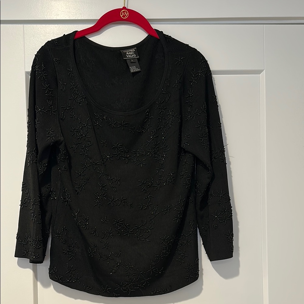 Carmen Marc Valvo Black Ruched 3/4 Sleeve Blouse